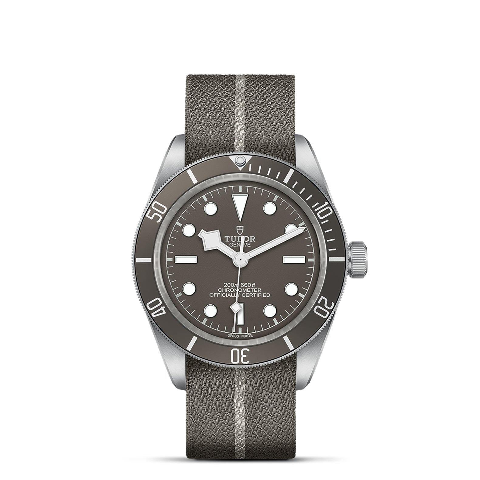 TUDOR Black Bay Fifty-Eight 925 watch front view with 39mm silver case, matte taupe dial and taupe fabric strap on white
