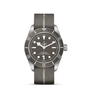 TUDOR Black Bay Fifty-Eight 925 watch front view with 39mm silver case, matte taupe dial and taupe fabric strap on white