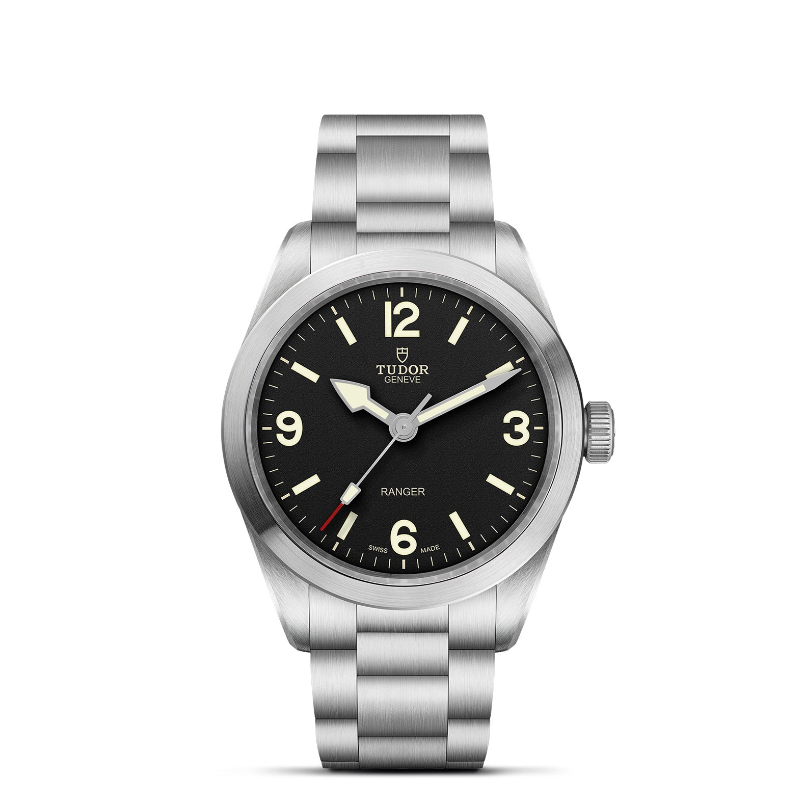 Front of Tudor Ranger 39mm steel watch with black domed dial, luminous hands, Arabic numerals, and stainless steel bracelet