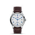 Front view of Tudor 1926 36mm steel watch showing opaline textured white dial with blue numerals and brown leather strap on white background