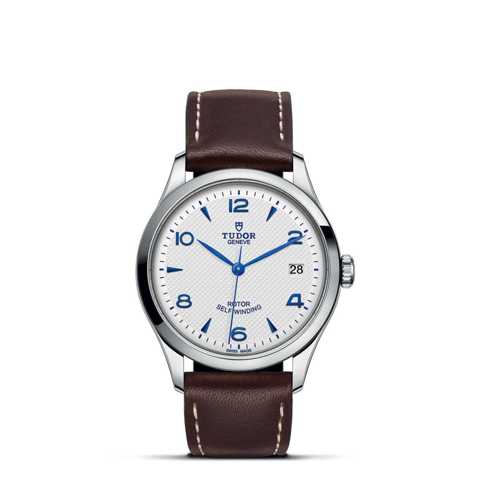 Front view of Tudor 1926 36mm steel watch showing opaline textured white dial with blue numerals and brown leather strap on white background