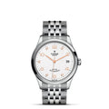 Front view of Tudor 1926 36mm stainless steel watch showcasing white dial with diamond markers, rose gold hands, date at 3