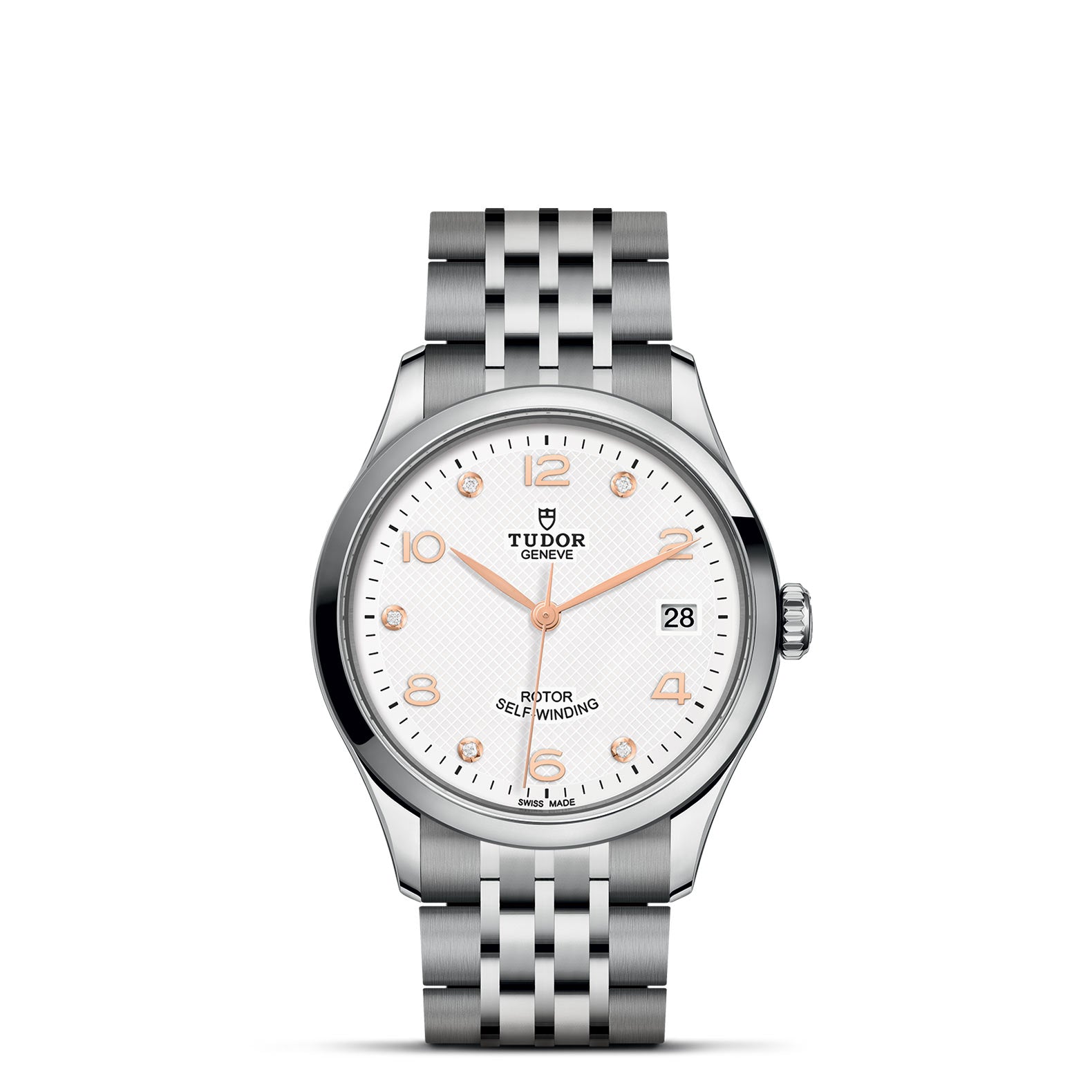 Front view of Tudor 1926 36mm stainless steel watch showcasing white dial with diamond markers, rose gold hands, date at 3