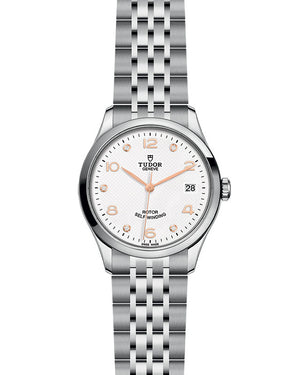 Front view of Tudor 1926 36mm stainless steel watch with white embossed dial, gold hands, diamond hour markers, date at 3
