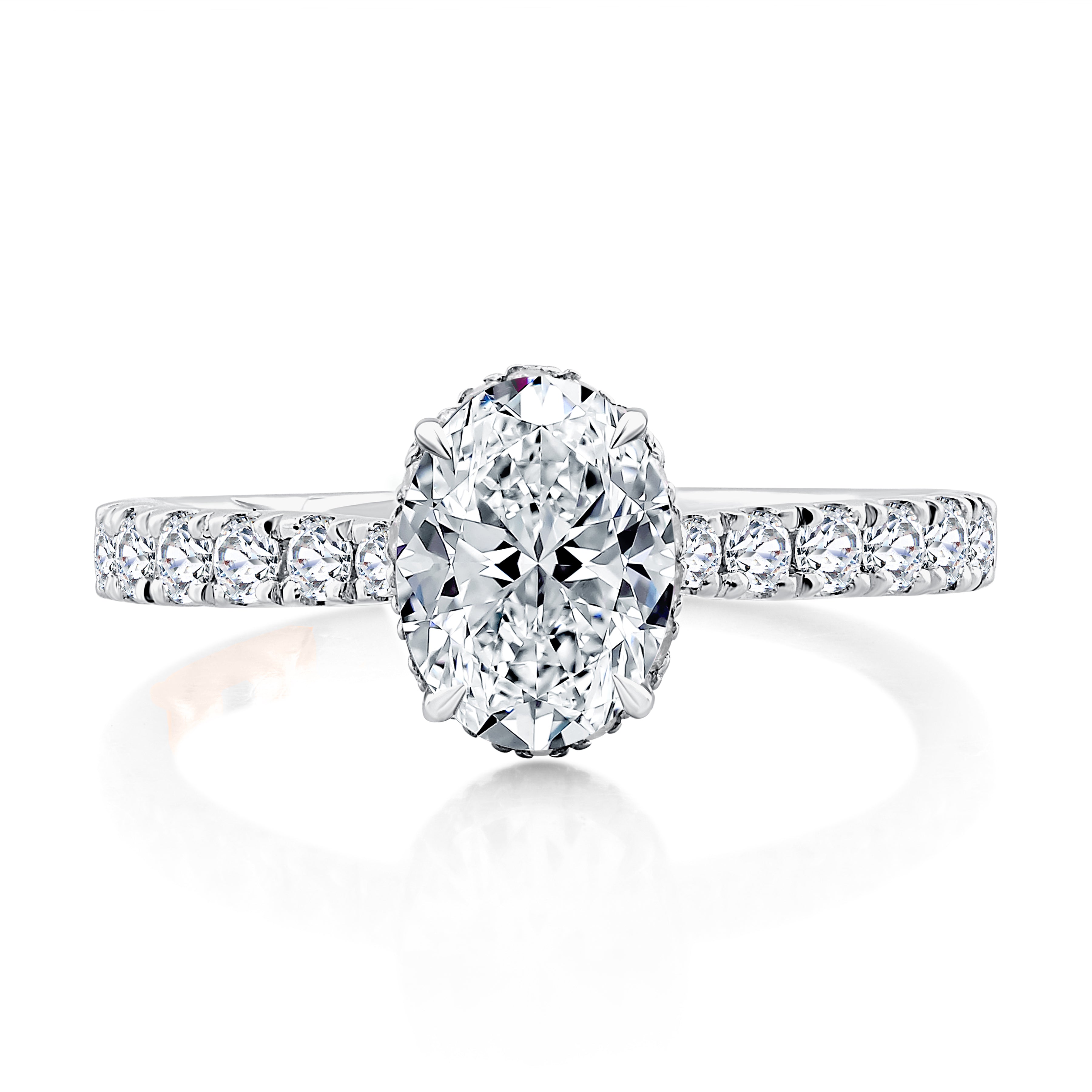 Oval Cut Shared Prong Diamond Engagement Ring with Hidden Halo