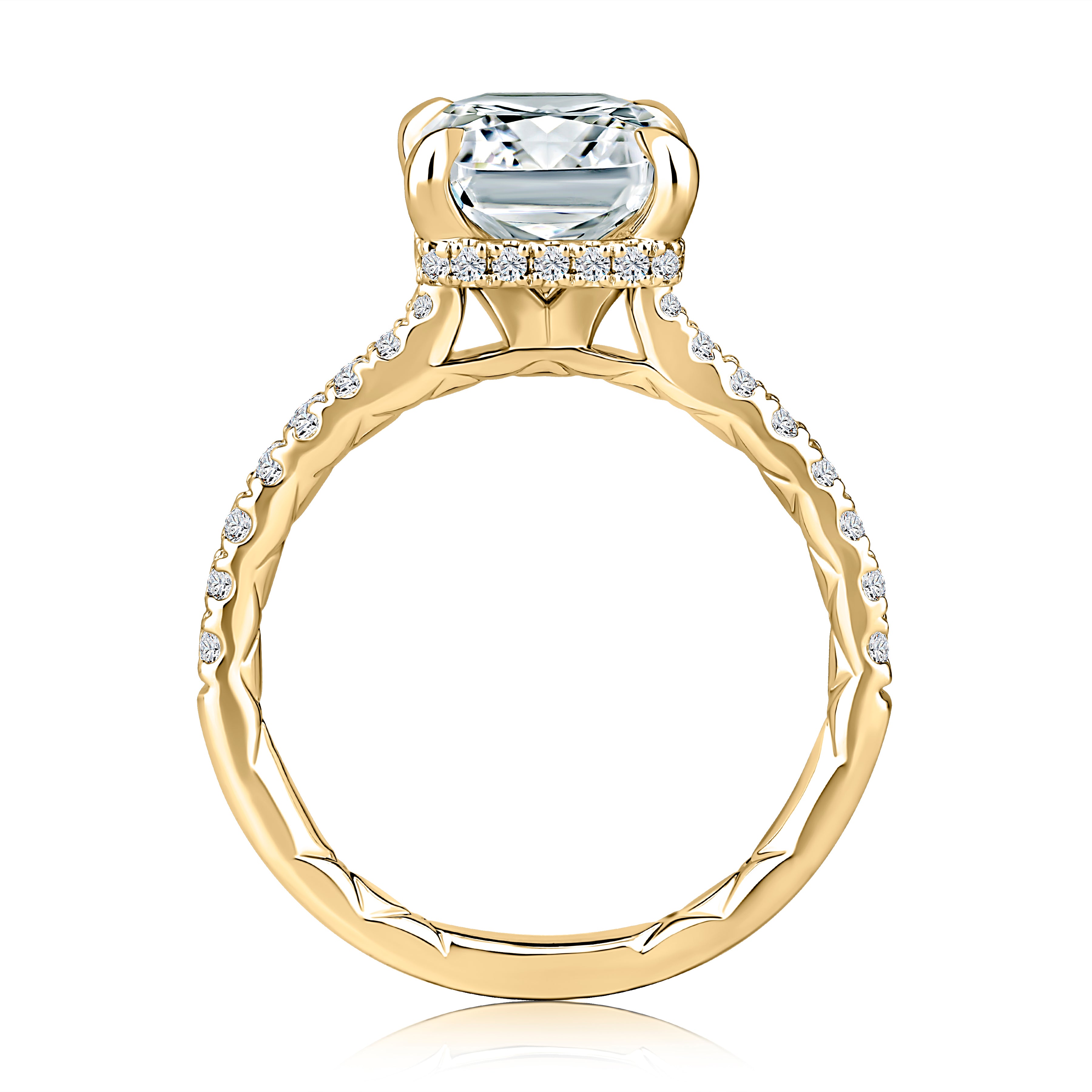 Radiant Shaped Diamond Engagement Ring with Hidden Halo and Quilted Interior Diamond Band