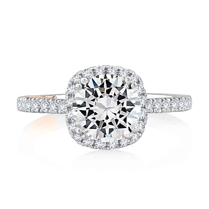 Cushion Shaped Halo Round Center Diamond Engagement Ring with Pave Band
