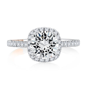 Cushion Shaped Halo Round Center Diamond Engagement Ring with Pave Band