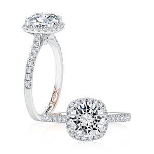Cushion Shaped Halo Round Center Diamond Engagement Ring with Pave Band