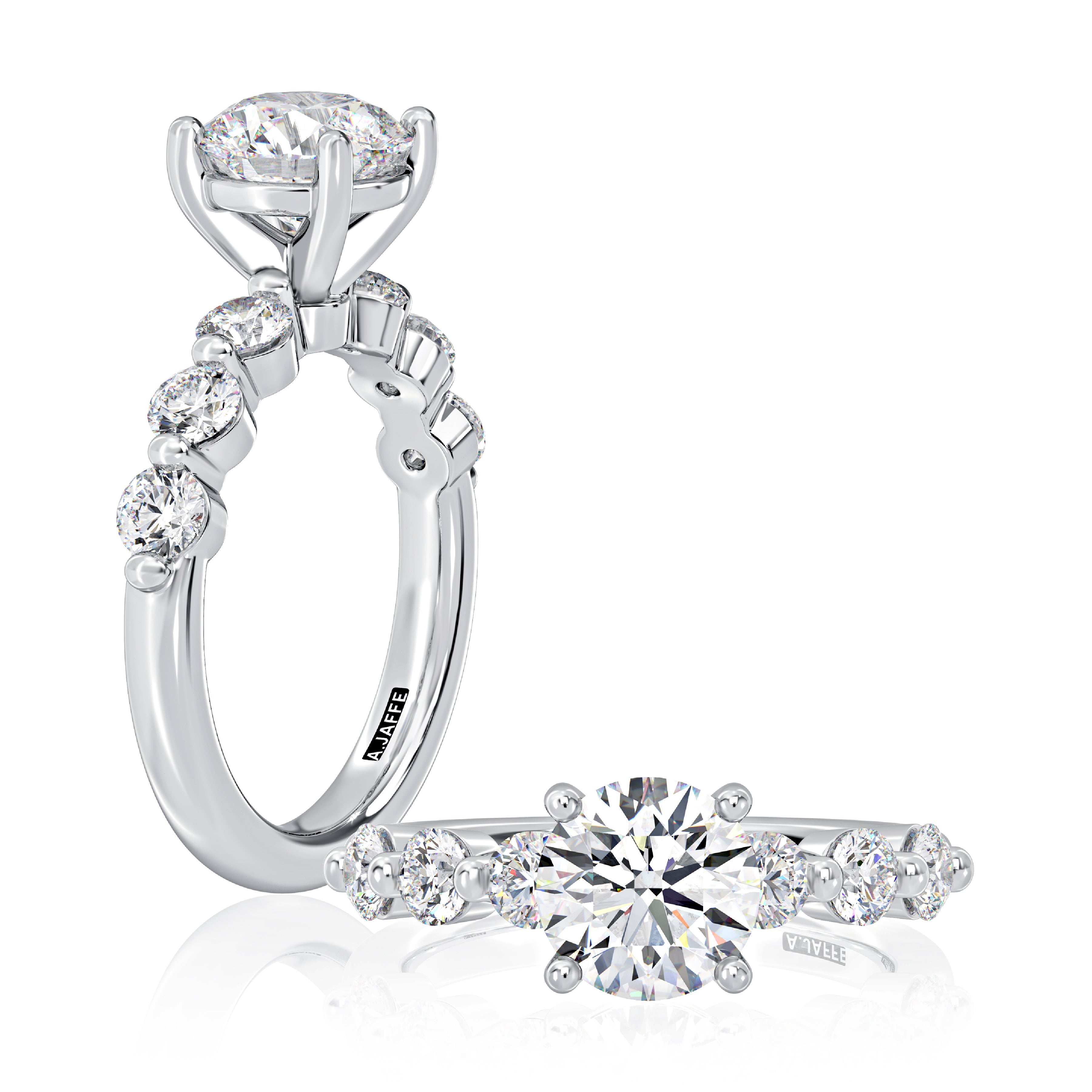 Top and side views of seven-stone engagement ring with round center in six-prong setting and side diamonds on white