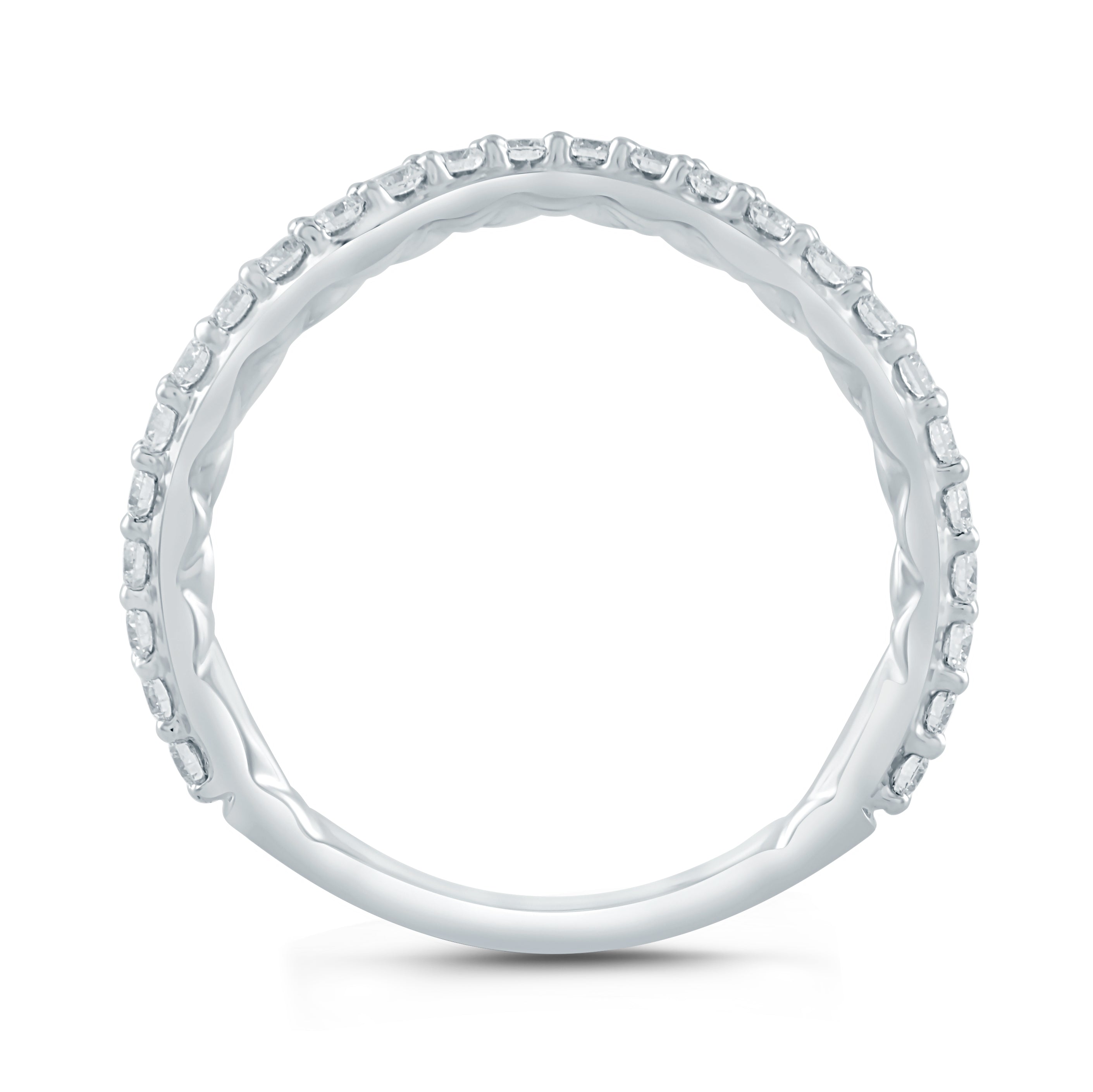 Top-down view of Diamond Contour wedding band with small round diamonds, contoured profile, and quilted interior on white background