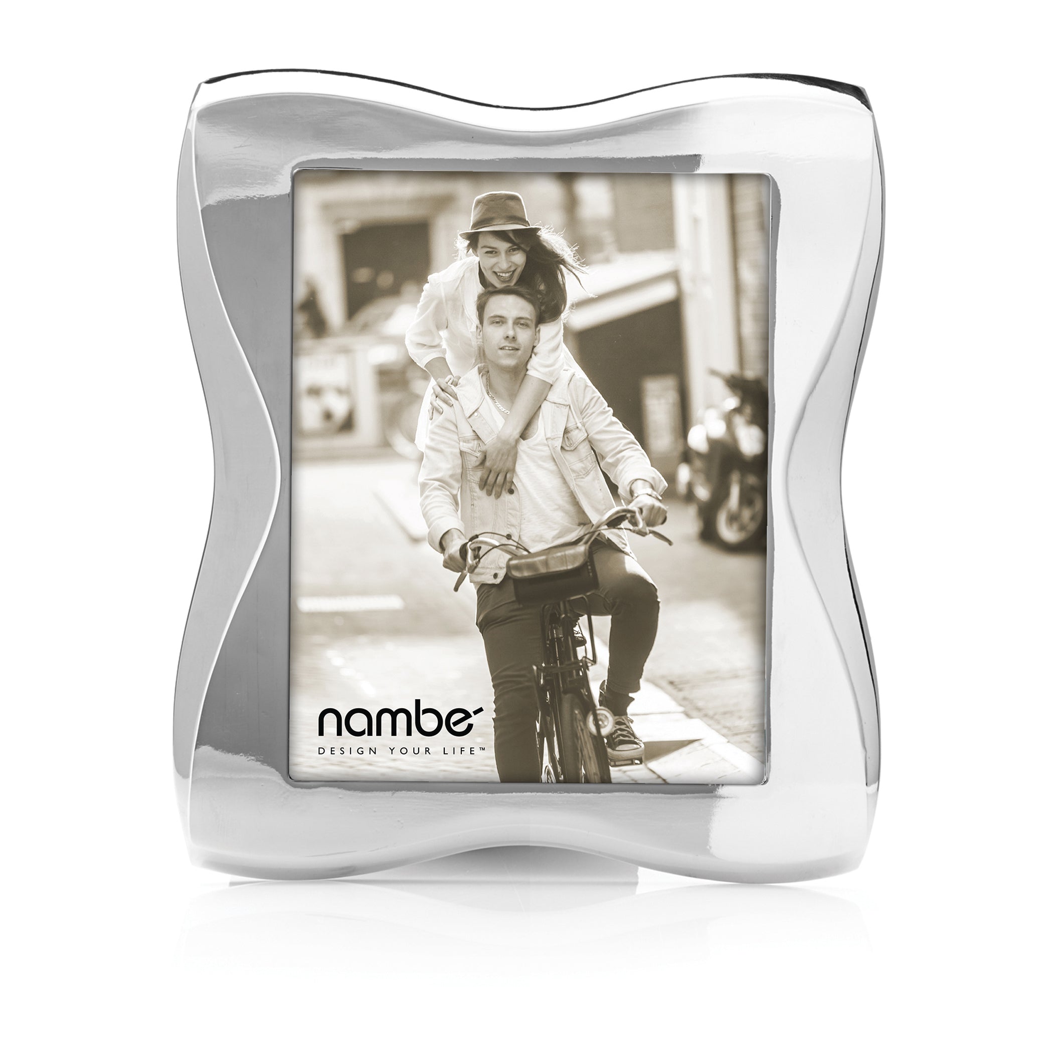 Silver wavy 8x10 Bella photo frame holding sepia couple on bicycle; nambe logo and DESIGN YOUR LIFE™ visible