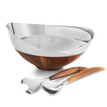 Three-quarter view of Pulse salad bowl with servers showing stainless steel bowl and wood base on white background
