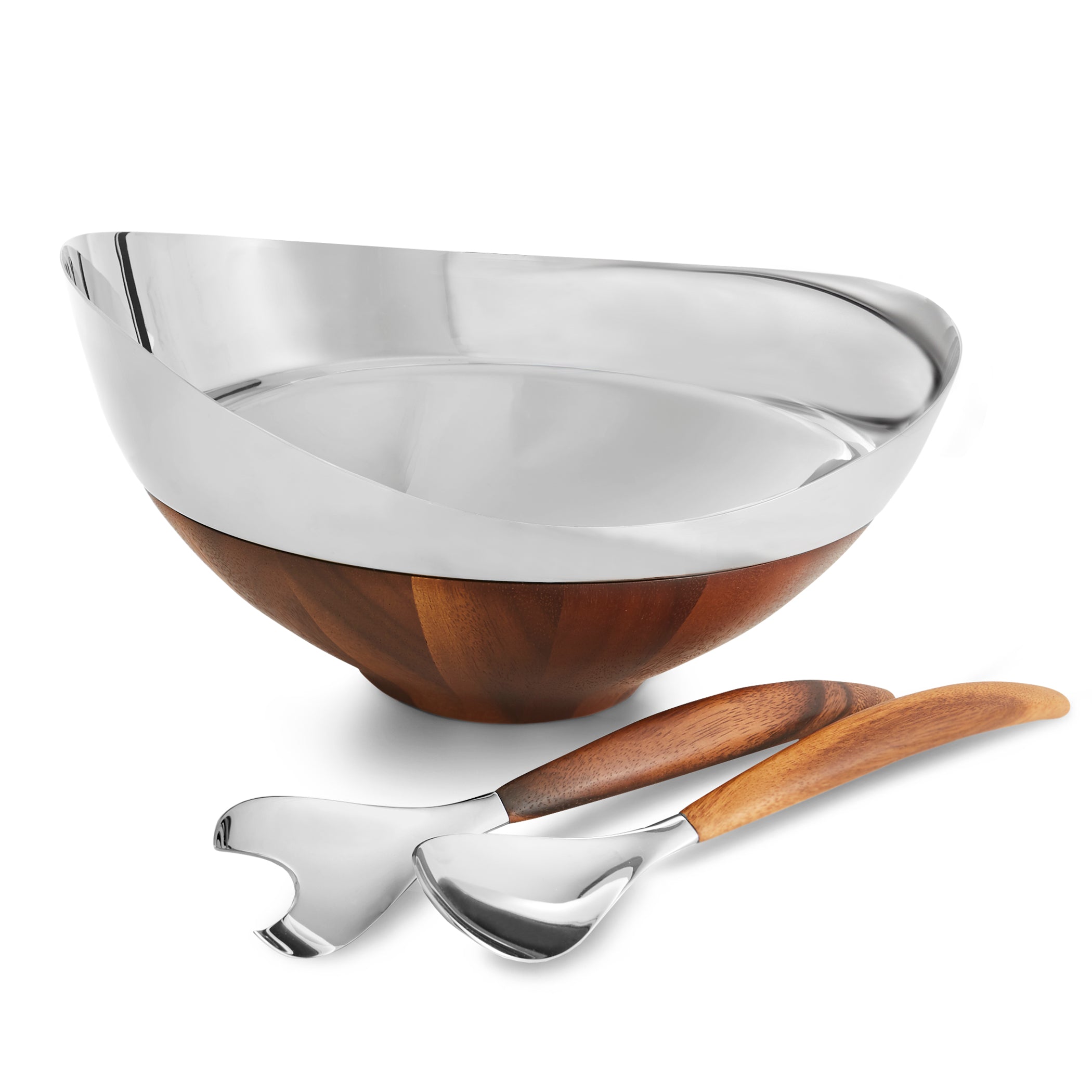 Three-quarter view of Pulse salad bowl with servers showing stainless steel bowl and wood base on white background