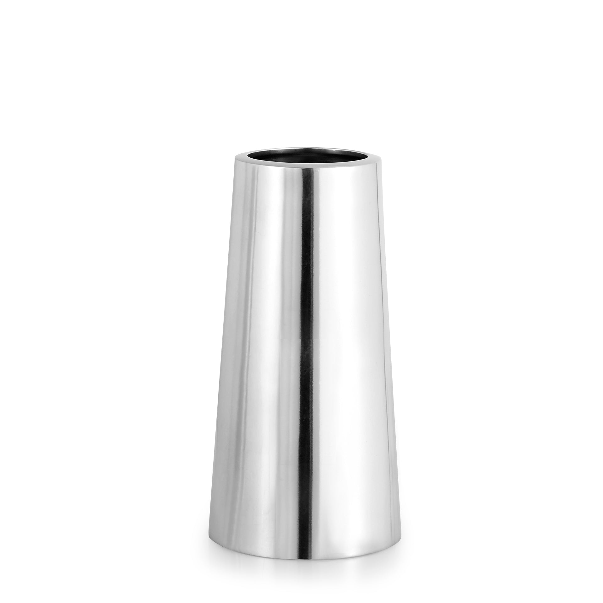 Front view of Plaza Vase 9-inch showcasing tapered silhouette and polished stainless steel finish on white background