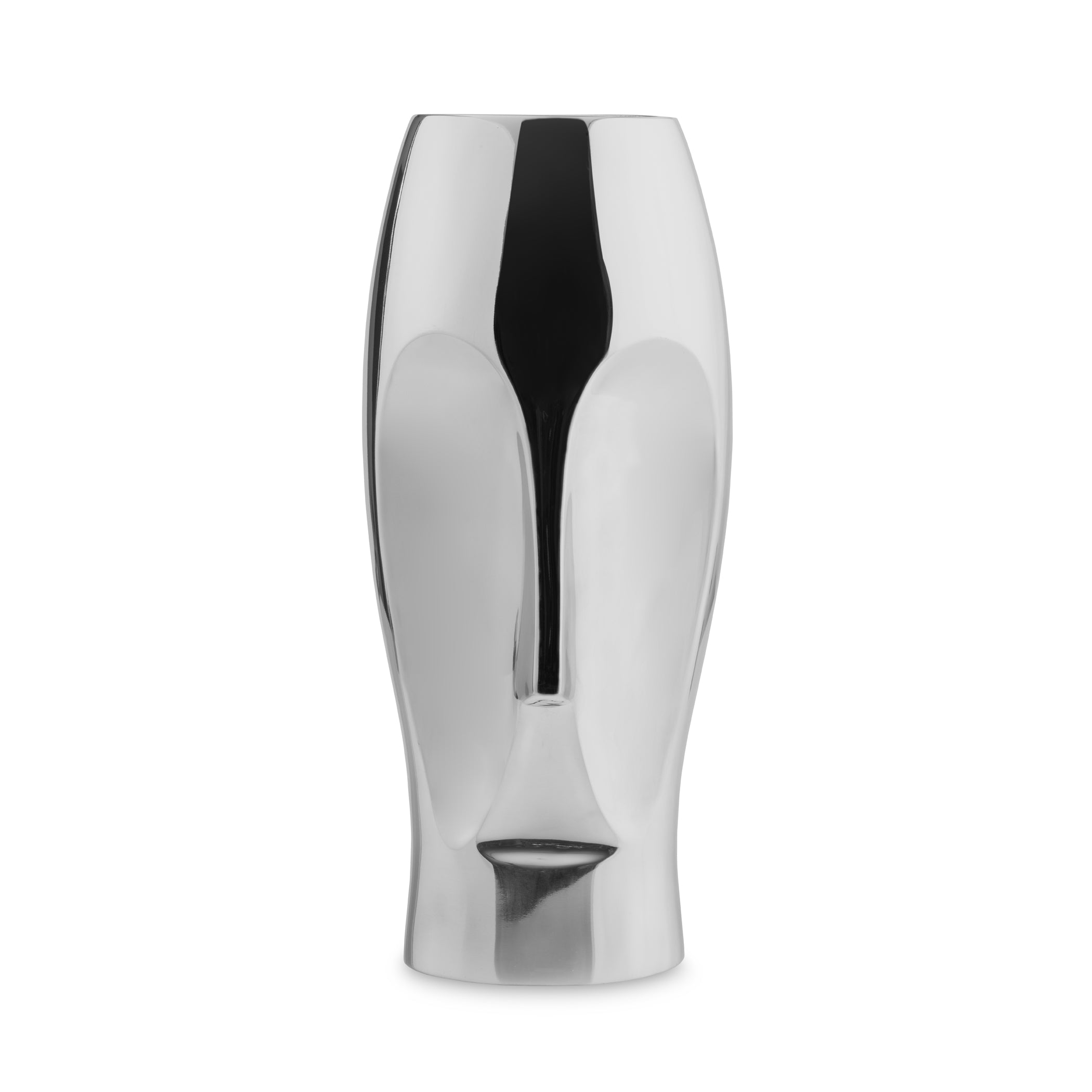 Front view of Face Vase (large) showcasing polished silver face-shaped silhouette and tapered form on white background