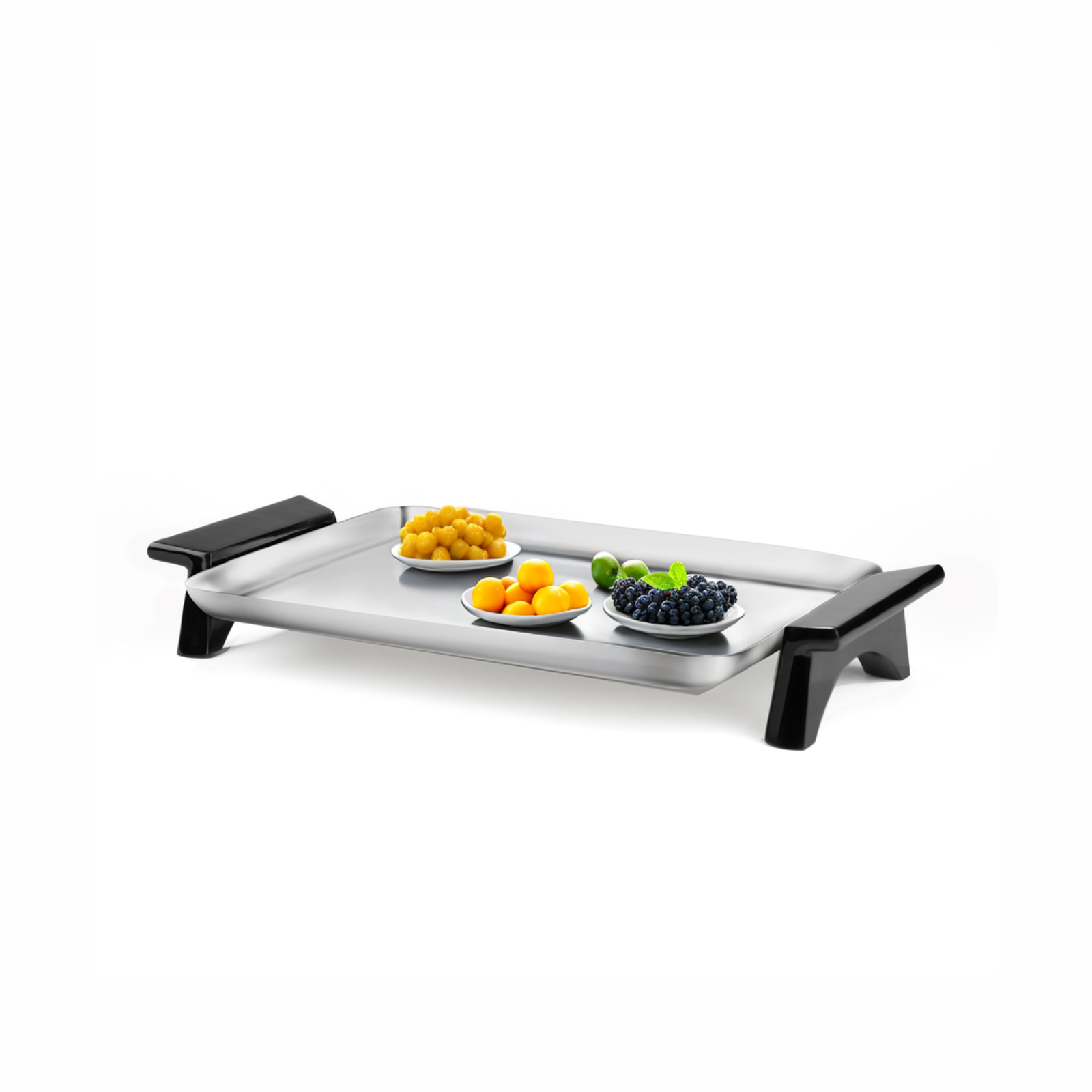 Three quarter view of Circa rectangular tray showcasing brushed stainless surface and black angled handles on white background