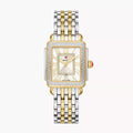 Front view of Deco Madison Mid two-tone watch showcasing diamond-set rectangular bezel, silver sunray dial, and two-tone link bracelet on white background