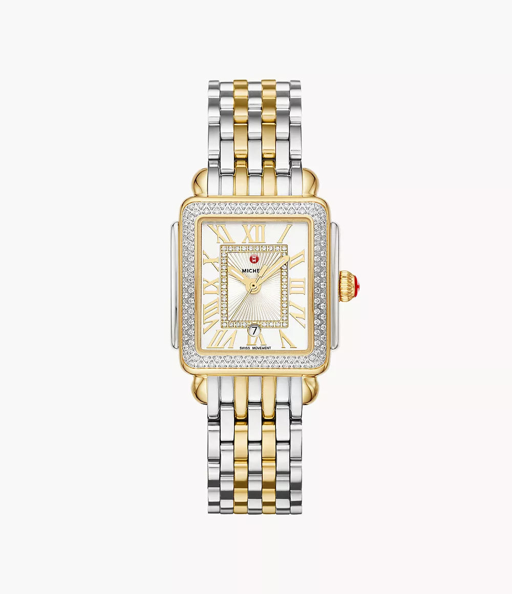 Front view of Deco Madison Mid two-tone watch showcasing diamond-set rectangular bezel, silver sunray dial, and two-tone link bracelet on white background