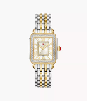 Front view of Deco Madison Mid two-tone watch showcasing diamond-set rectangular bezel, silver sunray dial, and two-tone link bracelet on white background