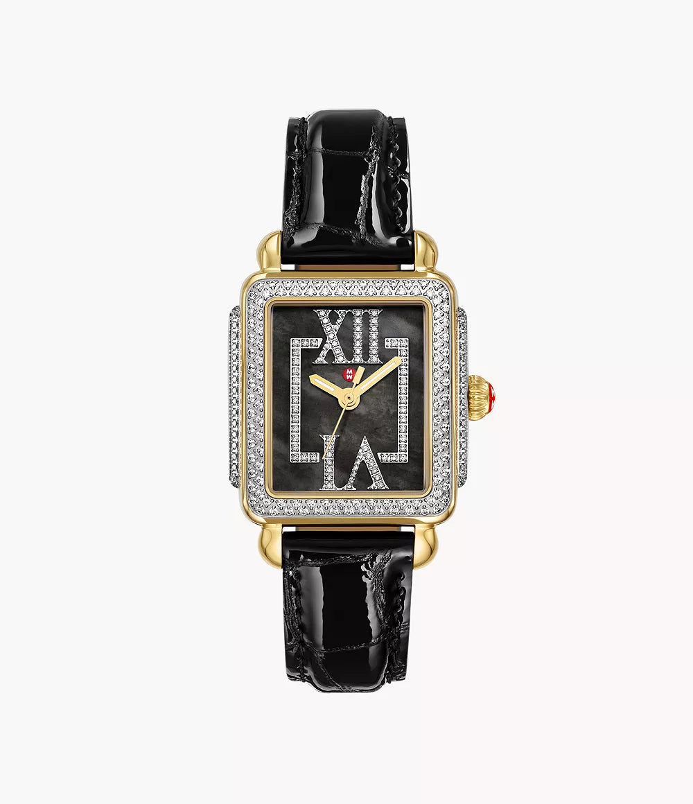 Front view of Deco Madison watch with gold-plated rectangular case and pavé diamonds, black dial, black leather strap