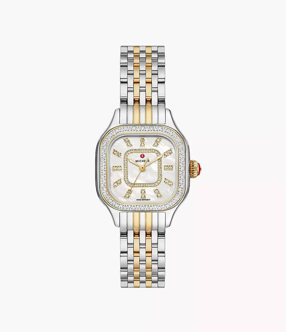 Front view of Meggie two-tone stainless steel watch showcasing diamond-set bezel and mother-of-pearl dial on white background