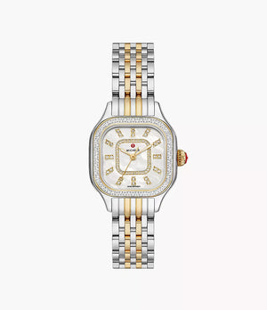 Front view of Meggie two-tone stainless steel watch showcasing diamond-set bezel and mother-of-pearl dial on white background