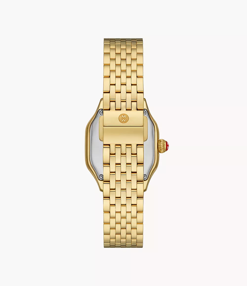Back view of Meggie 18K gold-plated watch showing bracelet clasp engraved 'MW' and crown with red cabochon
