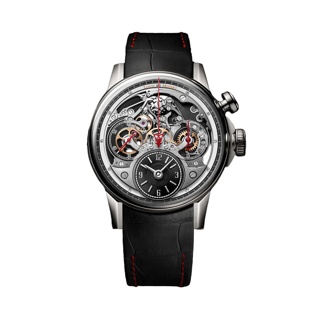 titanium case and bracelet with black dial and red hands on a white background