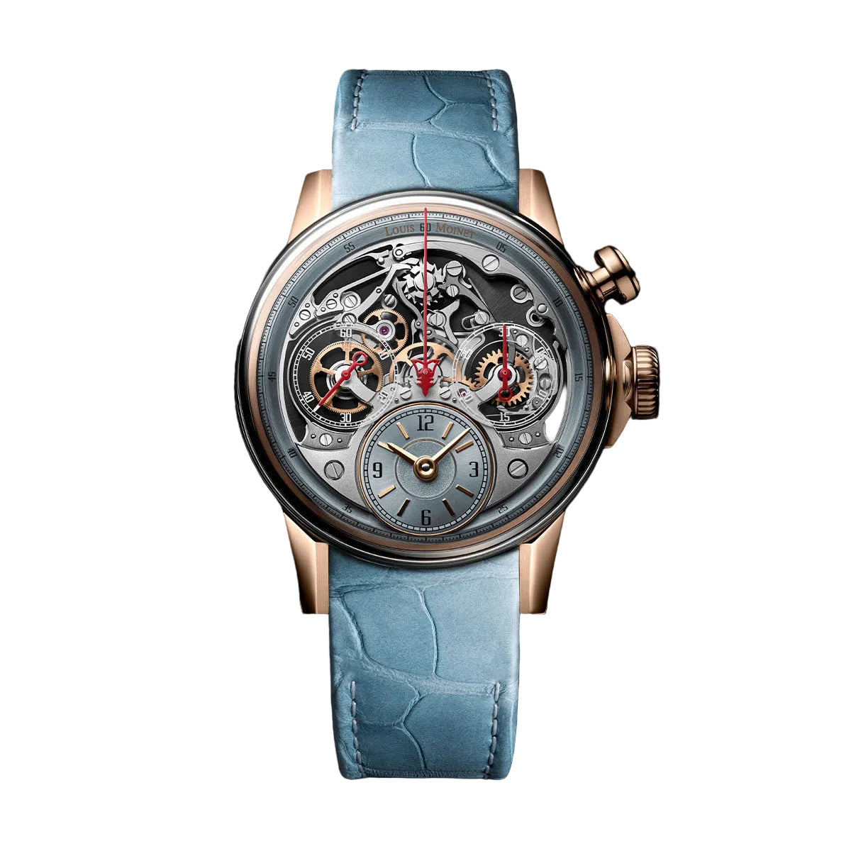 rose gold dial and buckle on a blue leather band with open face and red hands on a white background