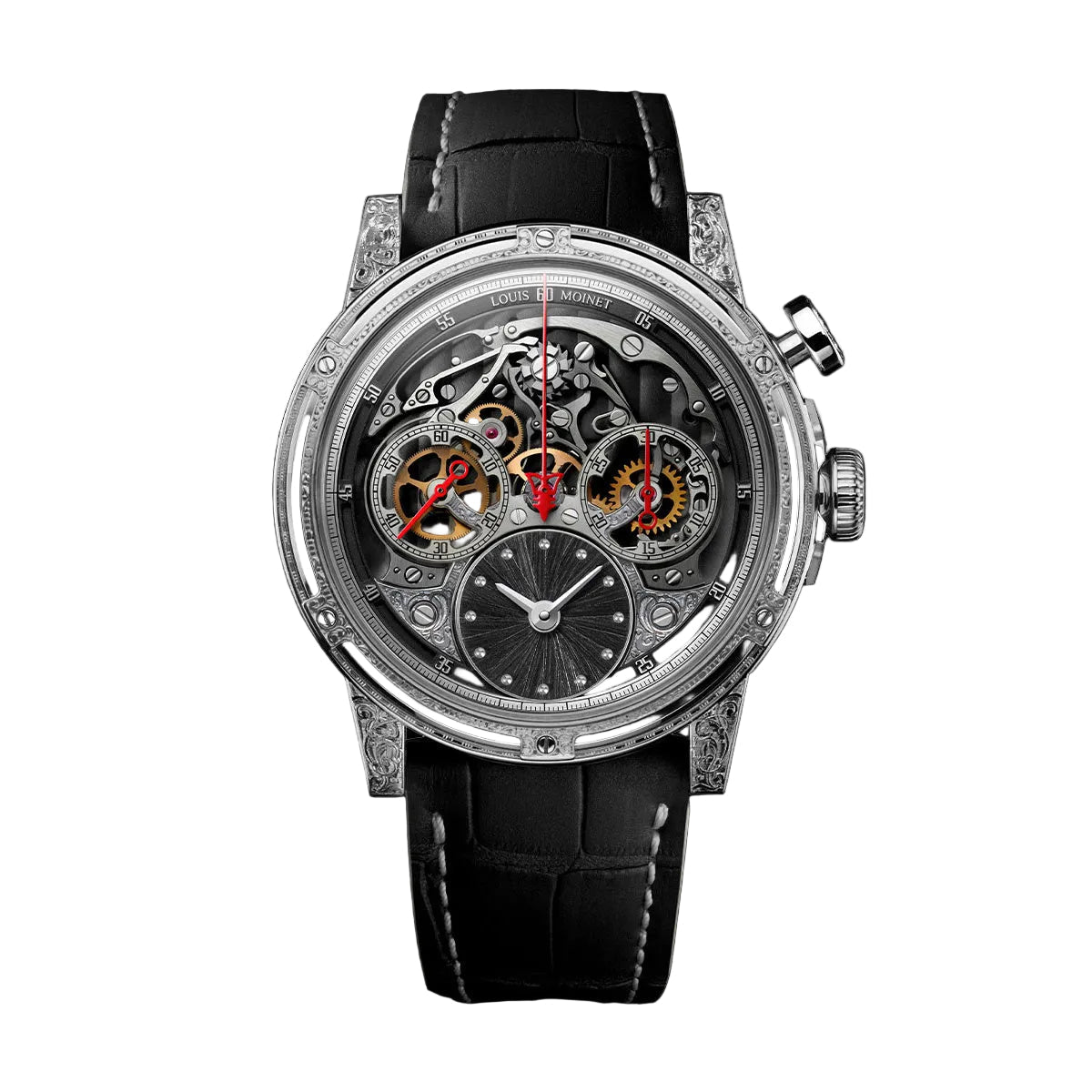 white gold case and bracelet with open dial and red hands on a white background