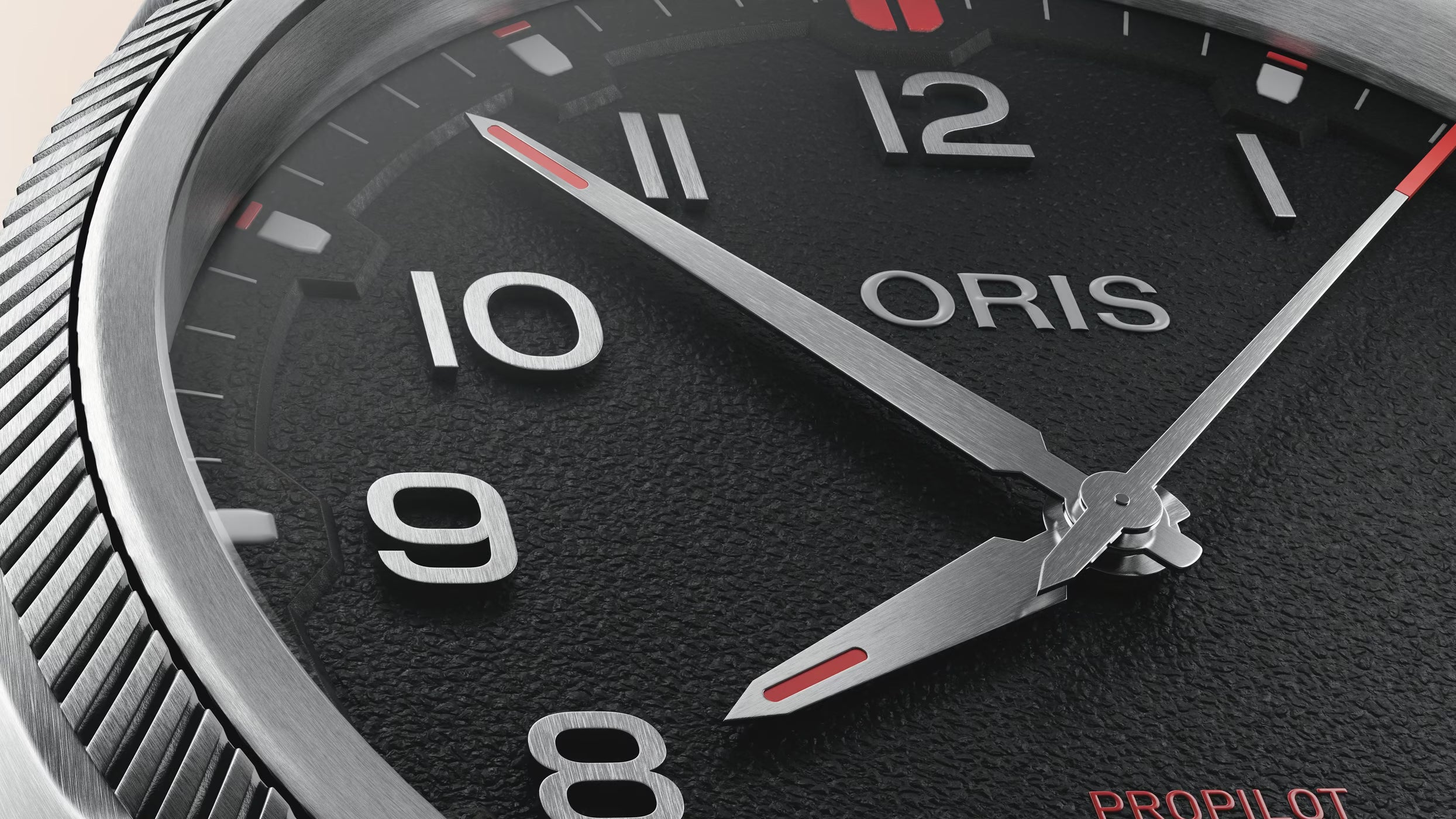 Oris watch face with black dial and silver accents
