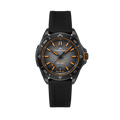 Front view of Adventure Neverest 40mm watch with grey-gradient dial, orange hour markers, compass bezel, and black rubber strap