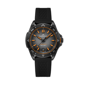 Front view of Adventure Neverest 40mm watch with grey-gradient dial, orange hour markers, compass bezel, and black rubber strap