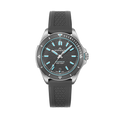 Front view of Adventure Grey 40mm watch with grey dial, turquoise accents, steel case and grey rubber strap