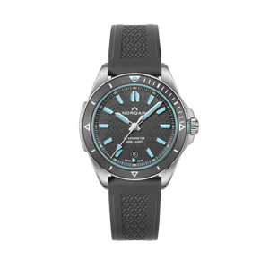 Front view of Adventure Grey 40mm watch with grey dial, turquoise accents, steel case and grey rubber strap