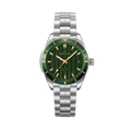 Front view of NORQAIN Adventure Sport 37mm watch with green patterned dial, rose-gold markers, date at 3, steel bracelet
