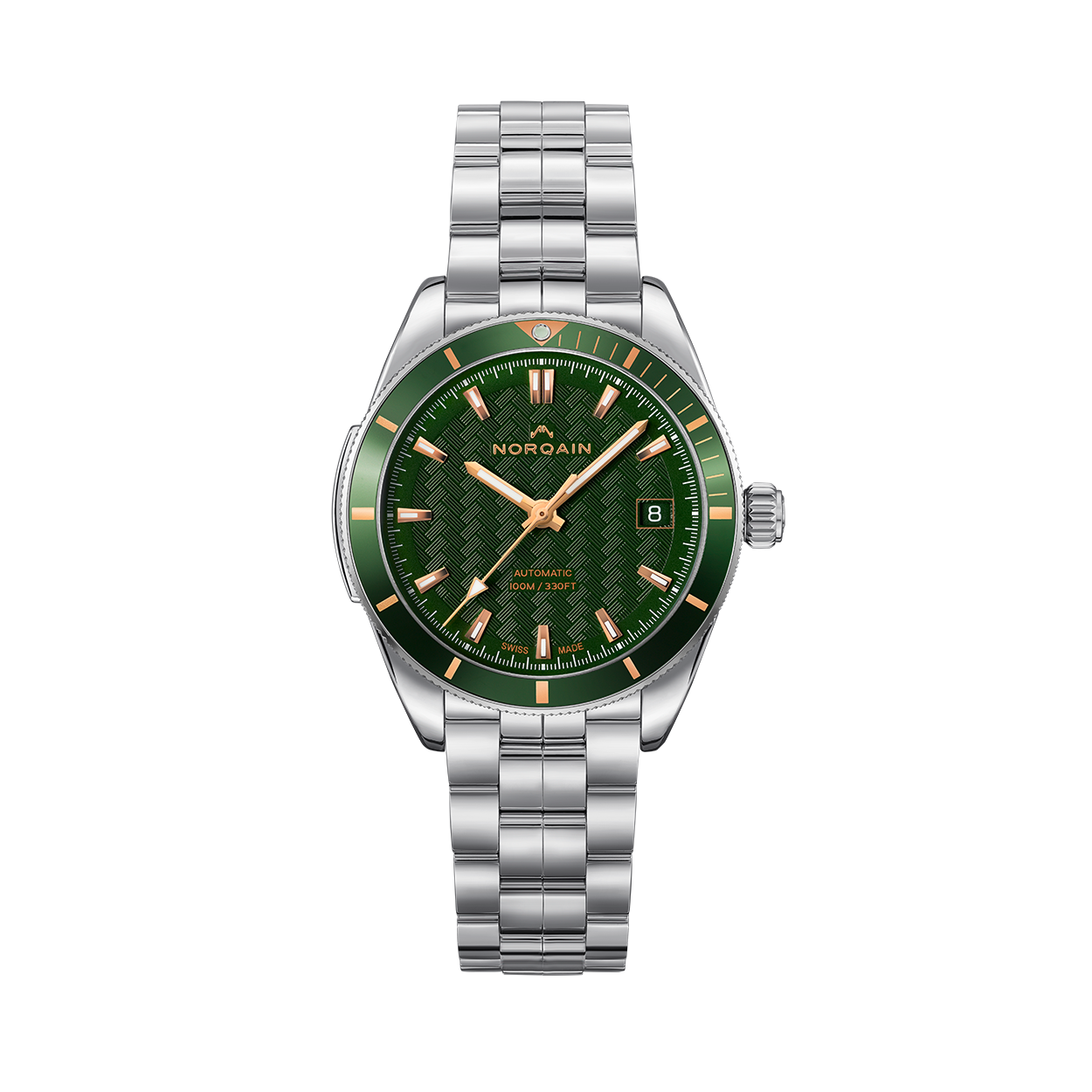 Front view of NORQAIN Adventure Sport 37mm watch with green patterned dial, rose-gold markers, date at 3, steel bracelet