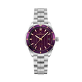 Front view of NORQAIN Adventure Sport 37mm stainless steel watch showcasing purple textured dial with gold-tone hands and date window on white background