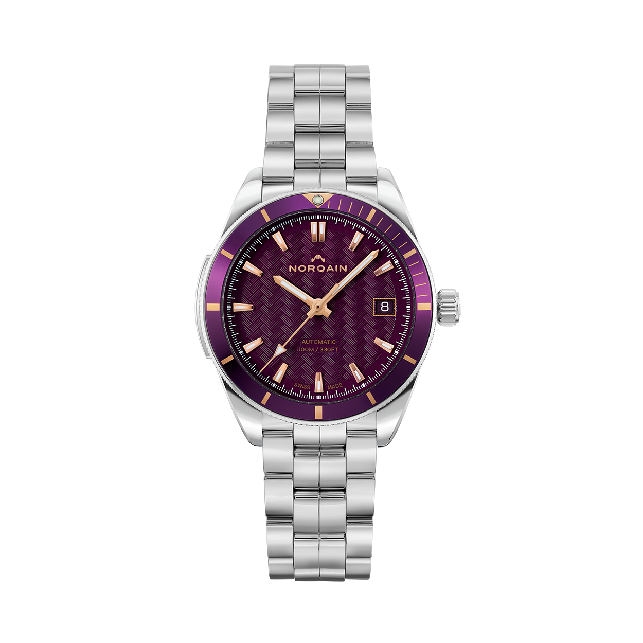Front view of NORQAIN Adventure Sport 37mm stainless steel watch showcasing purple textured dial with gold-tone hands and date window on white background