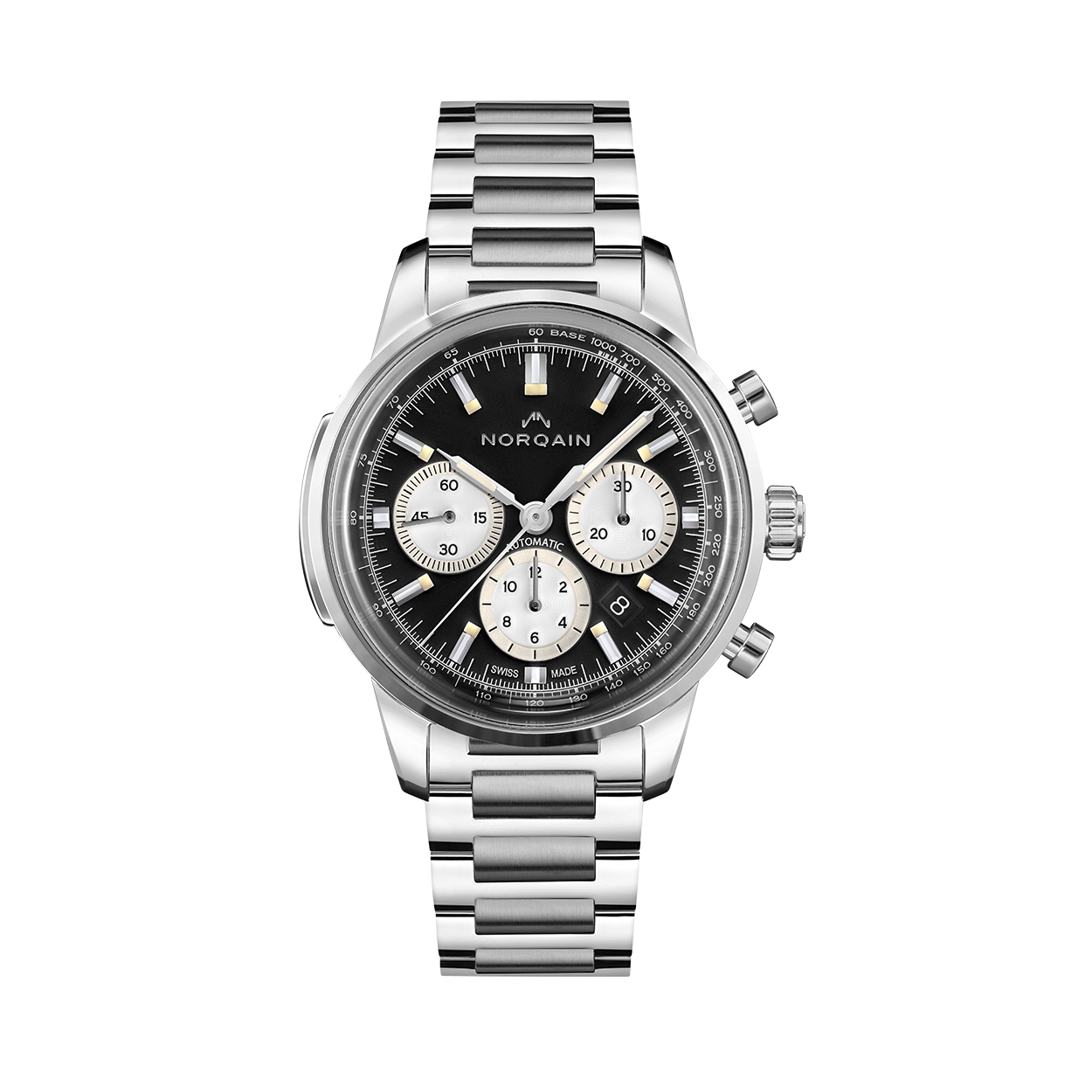 Front view of Freedom 60 Chrono 43mm steel watch showcasing black dial with three silver subdials and metal bracelet on white