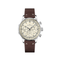 Front of Freedom 60 Chrono 43mm showing cream dial, stainless steel case and brown Alcantara strap on white background