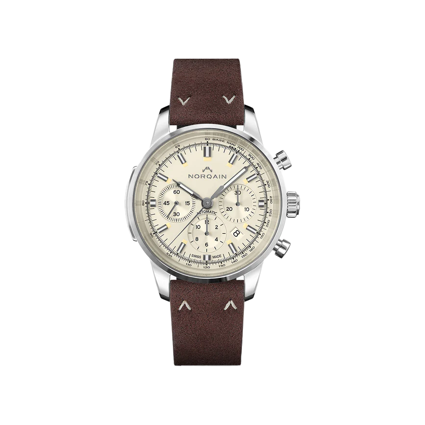 Front of Freedom 60 Chrono 43mm showing cream dial, stainless steel case and brown Alcantara strap on white background