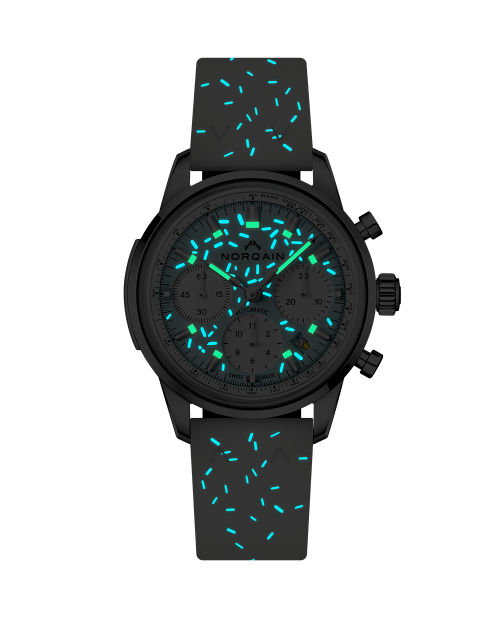 Front view of Freedom Chrono 'Sprinkles' watch showing black case, chronograph, blue-sprinkle rubber strap on white background