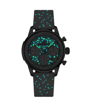 Front view of Freedom Chrono 'Sprinkles' watch showing black case, chronograph, blue-sprinkle rubber strap on white background