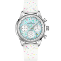 Front view of NORQAIN Freedom Chrono Sprinkles watch with mint-blue dial and white rubber strap with colorful sprinkles