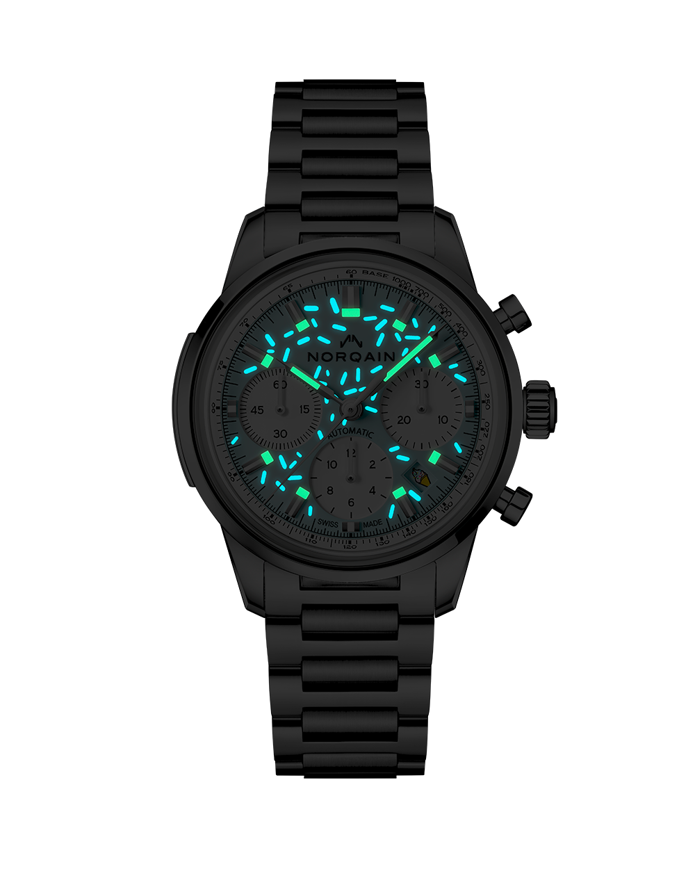 Front view of Norqain Freedom Chrono Sprinkles watch showing blue-green lume on a dark background