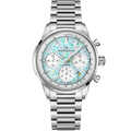 Norqain Silver watch with a colorful face on a white background