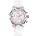 Watch with a white strap featuring colorful sprinkles on a white background