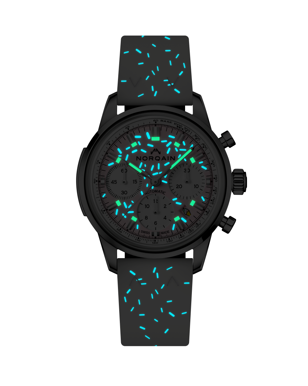 Front view of Freedom Chrono Sprinkles watch showing glowing turquoise luminescent sprinkles on gray dial and black strap